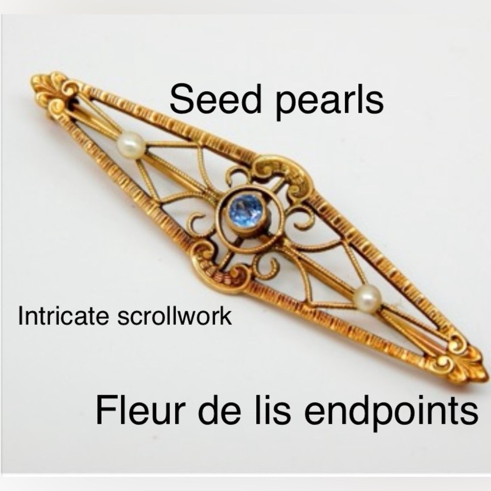 10K GOLD 1900’s ANTIQUE PIN solid yellow gold lozenge pearls topaz Victorian